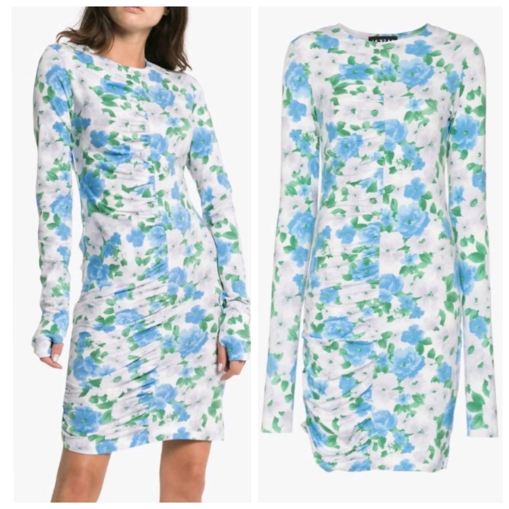 NWT Paskal Cocoon Bodycon Side Ruched Dress Blue White Flowers Long Sleeves XS